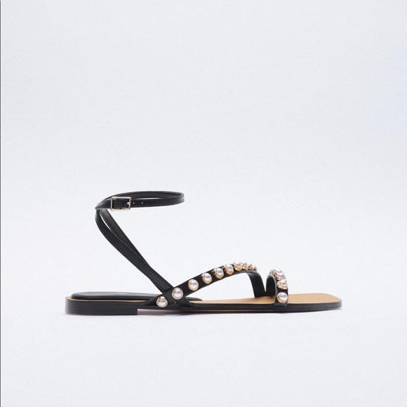 ZARA Flat Sandals with Pearl Straps